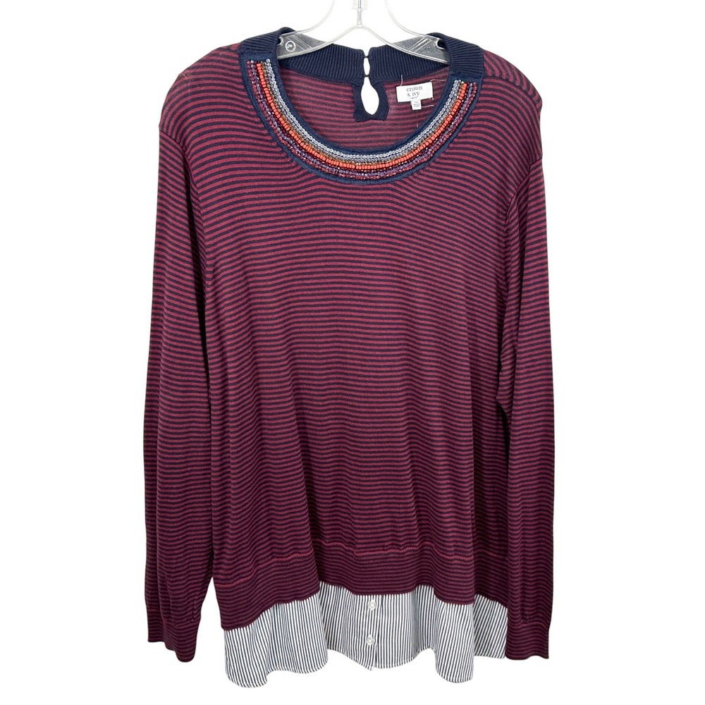 Crown & Ivy Plus Size 3X Top Twee Red Blue Striped Beaded Layered Sweater 1290